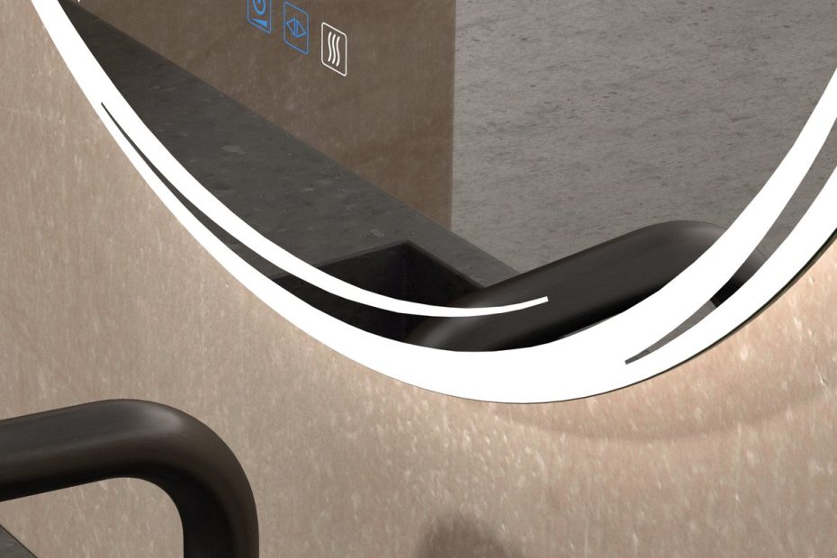 Detalle del espejo LED redondo Tramuntana con control Triple Touch y luz ajustable.